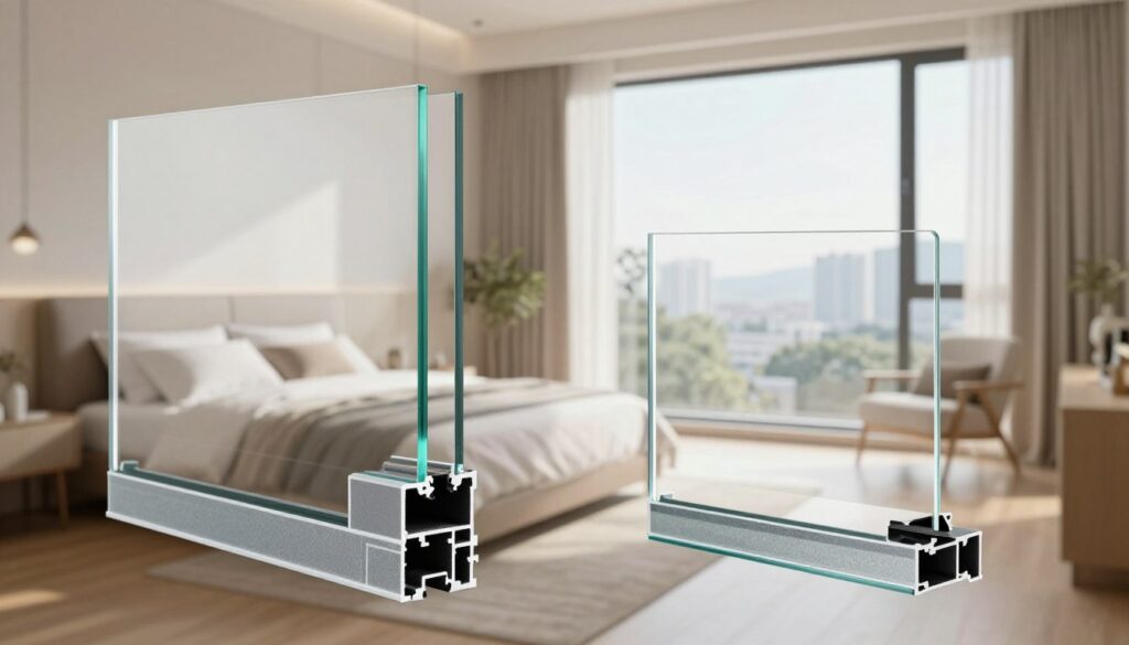 A detailed diagram comparing tempered and laminated glass structures, specifically designed for a transparent bedroom setting. In the foreground, showcase clear labeled sections of both glass types with close-up details of their textures and layers. In the middle ground, illustrate their applications in a cozy, modern bedroom context, featuring large windows that allow abundant natural light to flood the room. The background should depict a serene urban landscape visible through the glass. Use soft, diffused lighting to enhance the mood of tranquility and openness. The angle should be slightly elevated, providing a comprehensive view that highlights the benefits of glass in maximizing light and space. Ensure the image is clear, informative, and professional without any text or distractions.