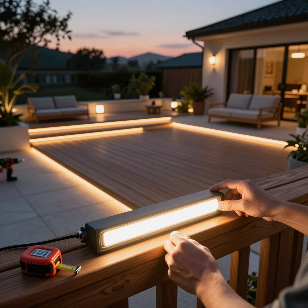 A detailed illustration of an LED deck lights installation guide. In the foreground, show a close-up view of hands expertly installing sleek, modern LED deck lights on a wooden railing. The middle ground features a beautifully designed terrace setting, complete with ambient lighting showcasing the deck’s various sections. In the background, a twilight sky casts a soft, warm glow that emphasizes the inviting atmosphere of an outdoor space. The scene is detailed with tools like a drill and a measuring tape, arranged neatly beside the installer. Use a wide-angle lens perspective to capture both the craftsmanship and the overall ambiance, evoking a sense of comfort and stylish outdoor living. The mood is serene and enlightening, perfect for a cozy evening.