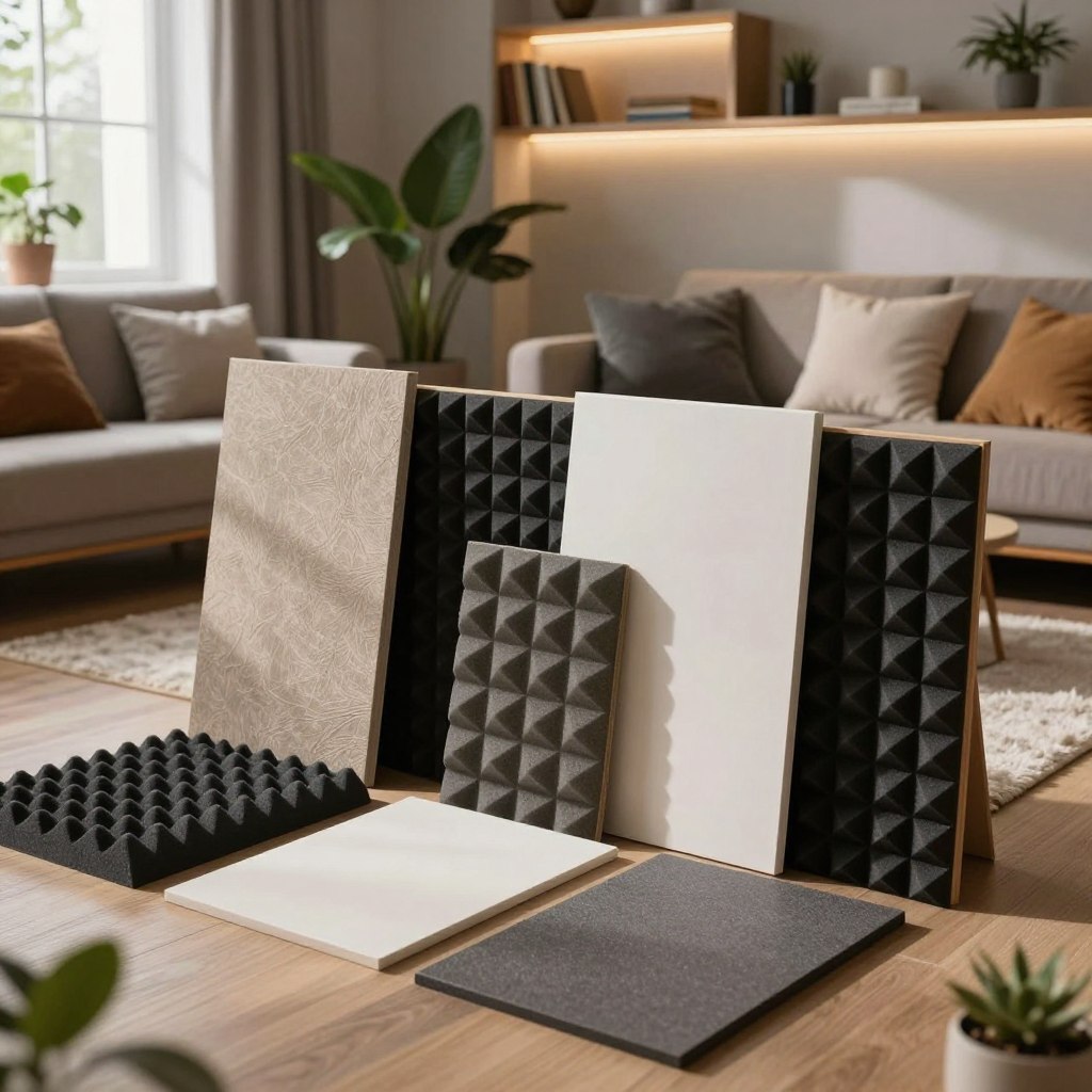A detailed interior scene focusing on various soundproofing materials suited for an apartment living room. In the foreground, showcase an array of soundproof panels in different textures and colors, such as foam panels, acoustic curtains, and mass-loaded vinyl. The middle ground features a cozy living room setup with cushioned furniture, a plush rug, and strategically placed plants that enhance sound absorption. In the background, softly lit shelves are lined with books and decorative items, creating a warm atmosphere. Use natural lighting filtering through a window, casting gentle shadows to evoke a calming mood. The angle is slightly elevated, providing a comprehensive view of the soundproofing solutions integrated into a stylish living space. A detailed interior scene focusing on various soundproofing materials suited for an apartment living room. In the foreground, showcase an array of soundproof panels in different textures and colors, such as foam panels, acoustic curtains, and mass-loaded vinyl. The middle ground features a cozy living room setup with cushioned furniture, a plush rug, and strategically placed plants that enhance sound absorption. In the background, softly lit shelves are lined with books and decorative items, creating a warm atmosphere. Use natural lighting filtering through a window, casting gentle shadows to evoke a calming mood. The angle is slightly elevated, providing a comprehensive view of the soundproofing solutions integrated into a stylish living space.