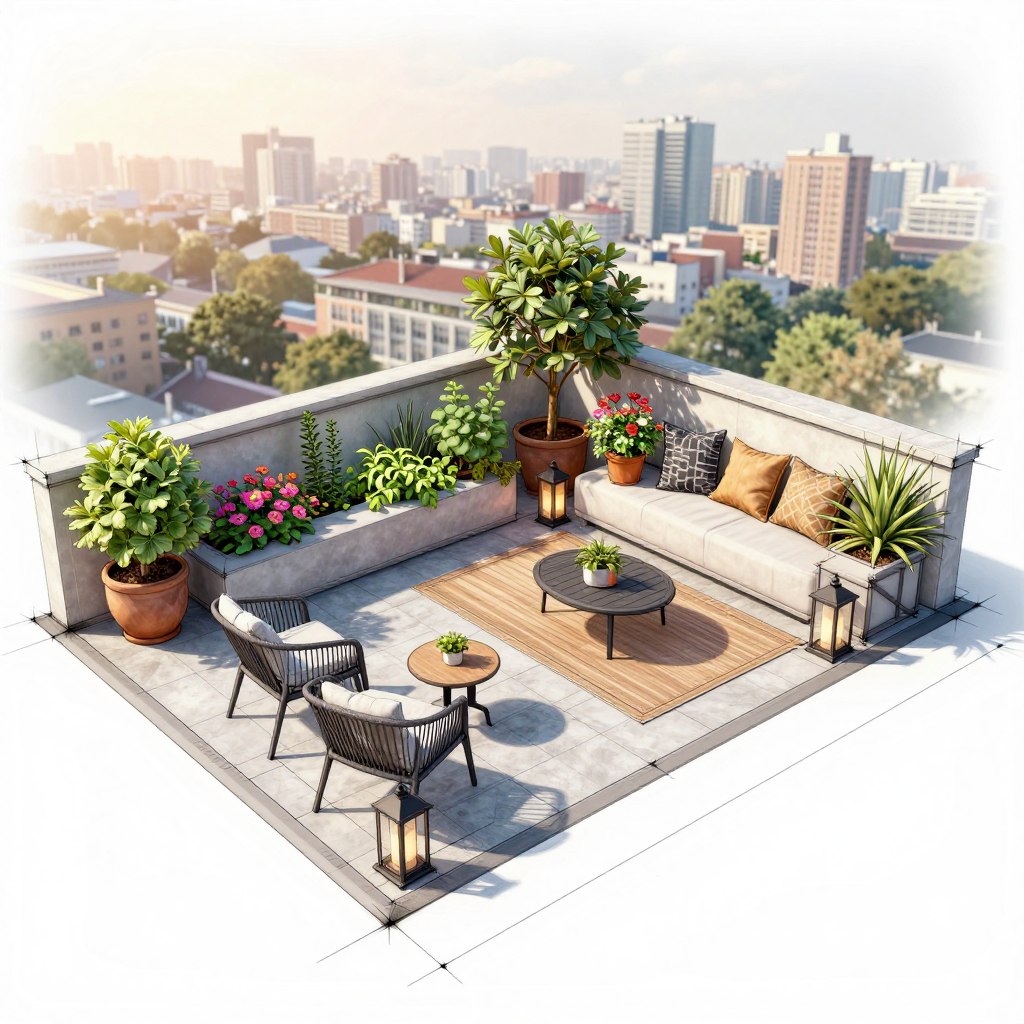 A detailed planning sketch of a small terrace design, featuring various layout ideas with precise measurements. In the foreground, highlight an ergonomic seating area with comfortable chairs and a small table. The middle section displays diverse plant arrangements, including potted herbs and colorful flowers, alongside decorative elements like outdoor rugs and lanterns. In the background, suggest a panoramic city view that evokes a sense of urban tranquility. Use a soft morning light to create a warm and inviting atmosphere, with a slight aerial perspective that captures the creative arrangement effectively. Emphasize clear lines and technical accuracy to convey a professional design aesthetic, ensuring no text or additional elements distract from the primary focus.