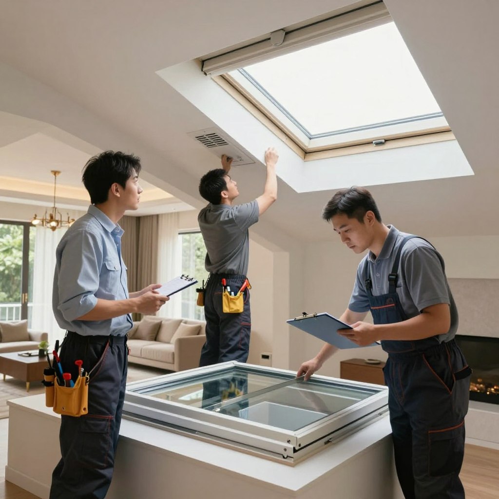 A detailed scene depicting professional skylight maintenance in a modern home setting. In the foreground, a technician in professional business attire is inspecting a fixed skylight, equipped with tools and a clipboard. In the middle ground, a second technician carefully checks a ventilating skylight mechanism. Both professionals are focused and concentrated on their tasks. The background showcases a beautifully designed living room illuminated by natural light filtering through the skylights, highlighting their architectural features. The lighting is bright and soft, creating an inviting atmosphere. The angle is slightly elevated, giving a clear view of both technicians and the skylights, emphasizing the pros and cons of maintenance and installation. The mood is professional and informative, aiming to convey expertise in skylight maintenance. A detailed scene depicting professional skylight maintenance in a modern home setting. In the foreground, a technician in professional business attire is inspecting a fixed skylight, equipped with tools and a clipboard. In the middle ground, a second technician carefully checks a ventilating skylight mechanism. Both professionals are focused and concentrated on their tasks. The background showcases a beautifully designed living room illuminated by natural light filtering through the skylights, highlighting their architectural features. The lighting is bright and soft, creating an inviting atmosphere. The angle is slightly elevated, giving a clear view of both technicians and the skylights, emphasizing the pros and cons of maintenance and installation. The mood is professional and informative, aiming to convey expertise in skylight maintenance.