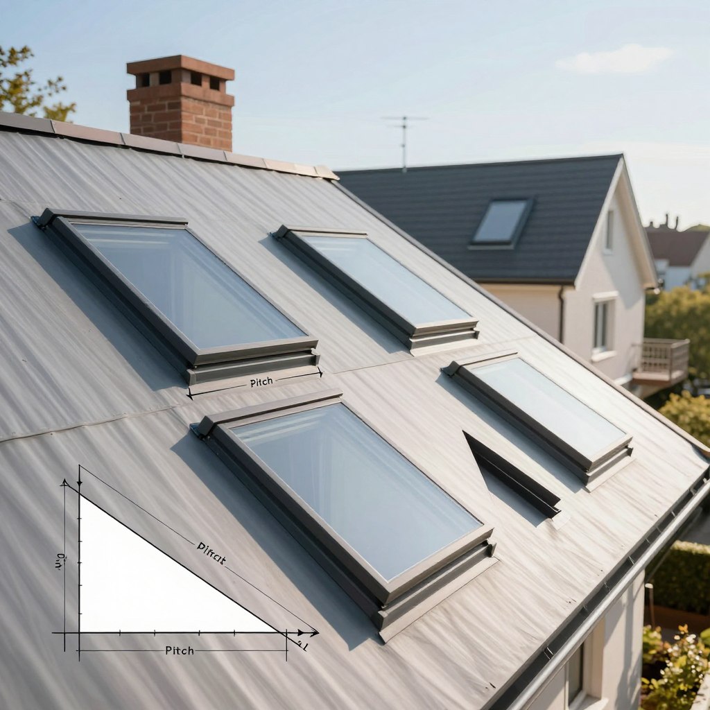 A detailed, technical illustration of a skylight roof pitch diagram, showcasing various skylight types such as fixed and ventilating options. In the foreground, clearly labeled lines and angles demonstrate different roof pitches, with arrows indicating optimal positioning for each skylight type. In the middle, a split-view layout reveals the interior and exterior angles of the roof, emphasizing how the pitch affects light entry and ventilation. In the background, a soft, natural light illuminates a residential house with a sloped roof under a clear blue sky, creating a bright and inviting atmosphere. The lens should capture the image in fine detail, accentuating the craftsmanship of the roof and skylights, while ensuring a professional and educational vibe. A detailed, technical illustration of a skylight roof pitch diagram, showcasing various skylight types such as fixed and ventilating options. In the foreground, clearly labeled lines and angles demonstrate different roof pitches, with arrows indicating optimal positioning for each skylight type. In the middle, a split-view layout reveals the interior and exterior angles of the roof, emphasizing how the pitch affects light entry and ventilation. In the background, a soft, natural light illuminates a residential house with a sloped roof under a clear blue sky, creating a bright and inviting atmosphere. The lens should capture the image in fine detail, accentuating the craftsmanship of the roof and skylights, while ensuring a professional and educational vibe.