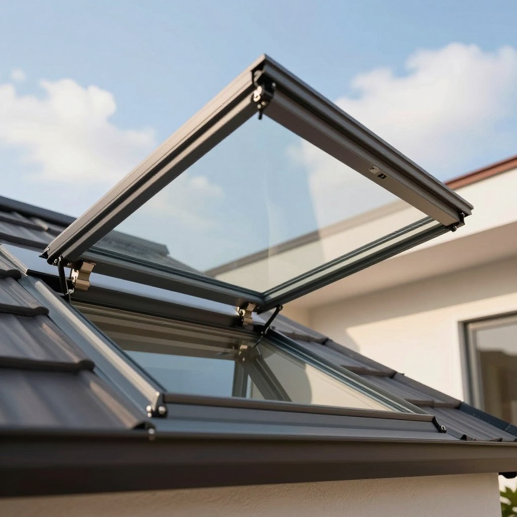 A detailed view of operable ventilating skylights set in a modern, stylish residential roof. In the foreground, focus on a sleek, open skylight showcasing its adjustable mechanism, emphasizing the glass panel and frame design. The middle ground includes a bright, airy room filled with natural light, highlighting the effects of the skylight on interior lighting. The background features a clear blue sky and a few fluffy clouds visible through the skylight, enhancing the sense of openness. Use soft, natural lighting to create a warm, inviting atmosphere. Capture the scene from a slightly angled perspective, resembling a wide-angle lens shot. The overall mood should convey the functional beauty and practicality of ventilating skylights, suitable for enhancing living spaces. A detailed view of operable ventilating skylights set in a modern, stylish residential roof. In the foreground, focus on a sleek, open skylight showcasing its adjustable mechanism, emphasizing the glass panel and frame design. The middle ground includes a bright, airy room filled with natural light, highlighting the effects of the skylight on interior lighting. The background features a clear blue sky and a few fluffy clouds visible through the skylight, enhancing the sense of openness. Use soft, natural lighting to create a warm, inviting atmosphere. Capture the scene from a slightly angled perspective, resembling a wide-angle lens shot. The overall mood should convey the functional beauty and practicality of ventilating skylights, suitable for enhancing living spaces.