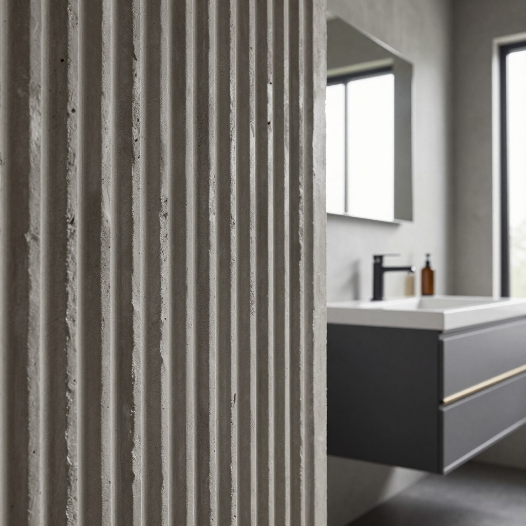 A detailed view of ribbed concrete-effect wall panels, showcasing their textured surface and industrial styling, in a modern bathroom setting. In the foreground, highlight the unique ribbed pattern of the panels, capturing the interplay of light and shadow on their rugged textures. The vanity, designed to match the wall panels, features clean lines and a matte finish, incorporating industrial materials like metal accents. In the middle ground, the focus is on a sleek mirror above the vanity reflecting the ribbed wall, contributing to a cohesive look. Soft, natural lighting streams in from a nearby window, creating an inviting atmosphere. The background is minimalistic, with a hint of contemporary fixtures, emphasizing the industrial charm and elegance of the setting.
