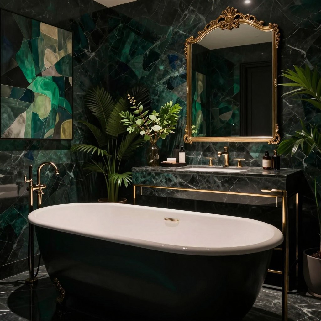 A dramatic dark bathroom scene featuring deep charcoal, rich navy, and luxurious emerald hues. The foreground showcases an elegant freestanding bathtub nestled against a sleek, moody marble backdrop, lit by soft, ambient lighting that casts gentle shadows. In the middle, a sleek vanity with gold accents holds stylish toiletries and a large, ornate mirror reflecting the rich colors. The background is adorned with abstract wall art and lush green plants, enhancing the overall elegance of the space. The lighting is low, creating a tranquil yet sumptuous atmosphere, accentuating the depth of color and texture in the materials used. Capture this sophisticated and serene bathroom design from a slightly elevated angle, highlighting both the sumptuous details and the dramatic ambiance. No people are present in the image.