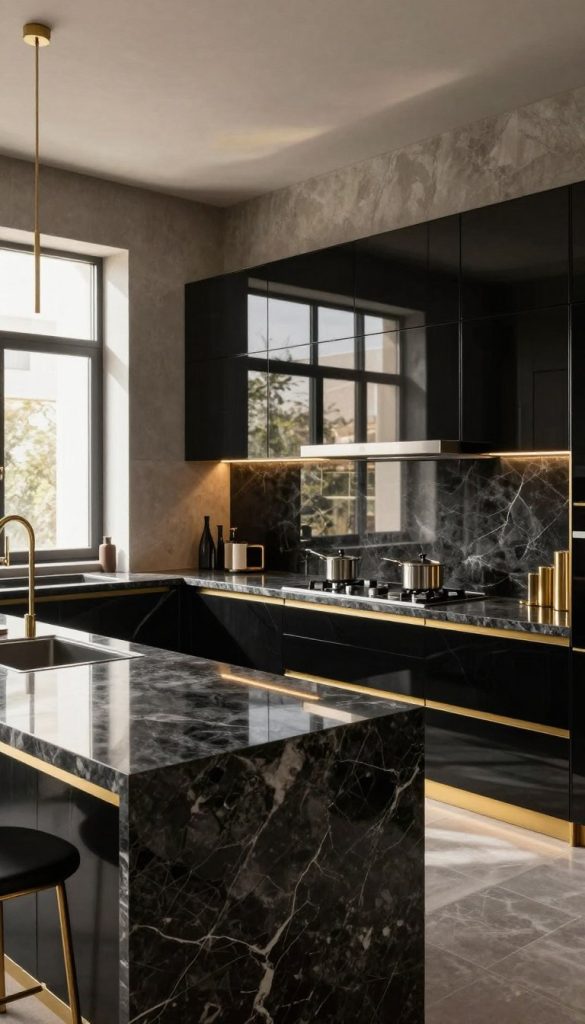 A dramatic high-gloss kitchen featuring elegant black cabinetry and charcoal granite countertops, complemented by luxurious gold accents. Foreground: a sleek marble island with a minimalist design, showcasing glossy finishes and intricate textures. Middle: spacious kitchen layout with modern appliances reflecting light, surrounded by textured wall panels providing contrast against smooth surfaces. Background: large windows flooding the space with warm, natural light, highlighting the interplay of shadows and reflectivity. The atmosphere is sophisticated and inviting, emphasizing a contemporary luxury aesthetic. The composition captures a slightly elevated angle for a dynamic perspective, focusing on the depth and richness of materials used, while maintaining a clean, clutter-free environment.