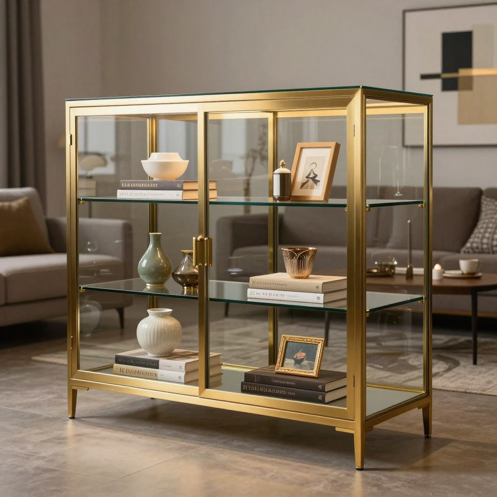 A freestanding glass display cabinet featuring brushed brass hardware, elegantly situated in a contemporary living room setting. The cabinet showcases a variety of decorative items, such as ceramics, books, and framed art, arranged thoughtfully on glass shelves. In the foreground, the cabinet glimmers under soft, warm lighting, highlighting its sleek design and polished surfaces. The middle of the image captures the cabinet’s refined details, with reflections on the glass and brass accents catching the light. The background displays a stylish living room, subtly blurred, with a modern couch and abstract art on the walls, creating a cozy and inviting atmosphere. The overall mood is sophisticated and contemporary, perfect for a stylish home. A freestanding glass display cabinet featuring brushed brass hardware, elegantly situated in a contemporary living room setting. The cabinet showcases a variety of decorative items, such as ceramics, books, and framed art, arranged thoughtfully on glass shelves. In the foreground, the cabinet glimmers under soft, warm lighting, highlighting its sleek design and polished surfaces. The middle of the image captures the cabinet’s refined details, with reflections on the glass and brass accents catching the light. The background displays a stylish living room, subtly blurred, with a modern couch and abstract art on the walls, creating a cozy and inviting atmosphere. The overall mood is sophisticated and contemporary, perfect for a stylish home.