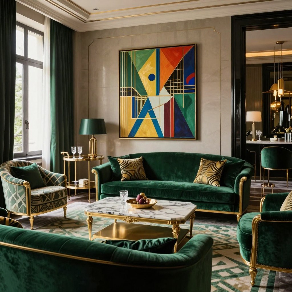 A glamorous Art Deco living room featuring luxurious furniture and decor. In the foreground, a plush velvet sofa in deep emerald green with gold accents. An ornate coffee table crafted from polished marble sits center stage, surrounded by geometric-patterned armchairs. The middle layer showcases a striking art piece on the wall, embodying bold colors and angular shapes typical of the Art Deco style. A sleek bar cart glimmers in brushed brass, adorned with elegant glassware. In the background, large windows allow warm natural light to flood the space, highlighting the rich textures and layered fabrics. Incorporate a subtle, soft lighting ambiance to enhance the luxurious feel. The overall atmosphere should evoke sophistication, glamour, and a timeless elegance typical of the Art Deco era, with no people or text in the image.