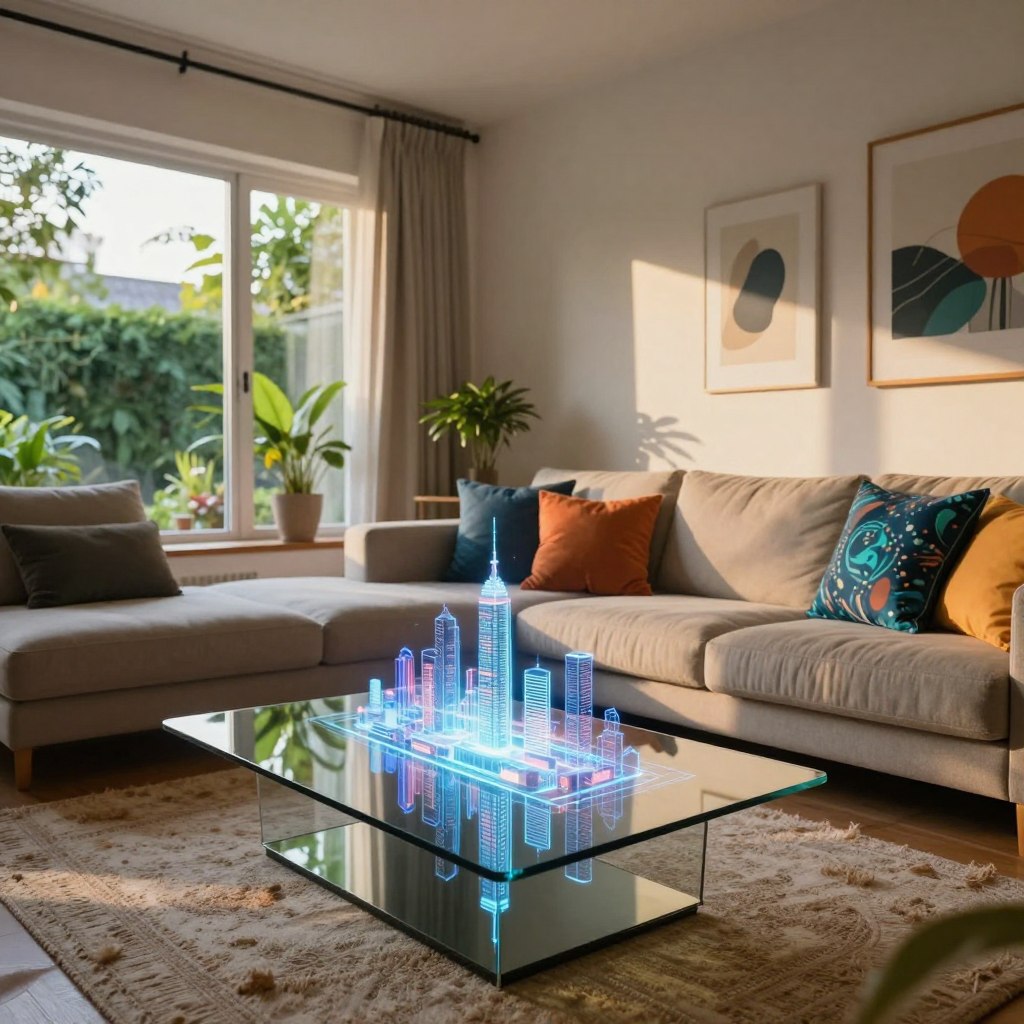 A harmonious blend of digital and physical elements in a modern living space. In the foreground, a sleek, glass coffee table showcases a glowing holographic projection of a cityscape, reflecting off the polished surface. In the middle, an inviting sofa adorned with vibrant, digital-print cushions contrasts with a cozy area rug made of natural fibers. The background features large windows with lush greenery outside, allowing natural light to flood the room, enhancing the warm atmosphere. Soft shadows play across the walls, which are decorated with art that integrates augmented reality elements. Use a wide-angle lens for depth, capturing the room's balance of technology and comfort, evoking a futuristic yet livable ambiance.