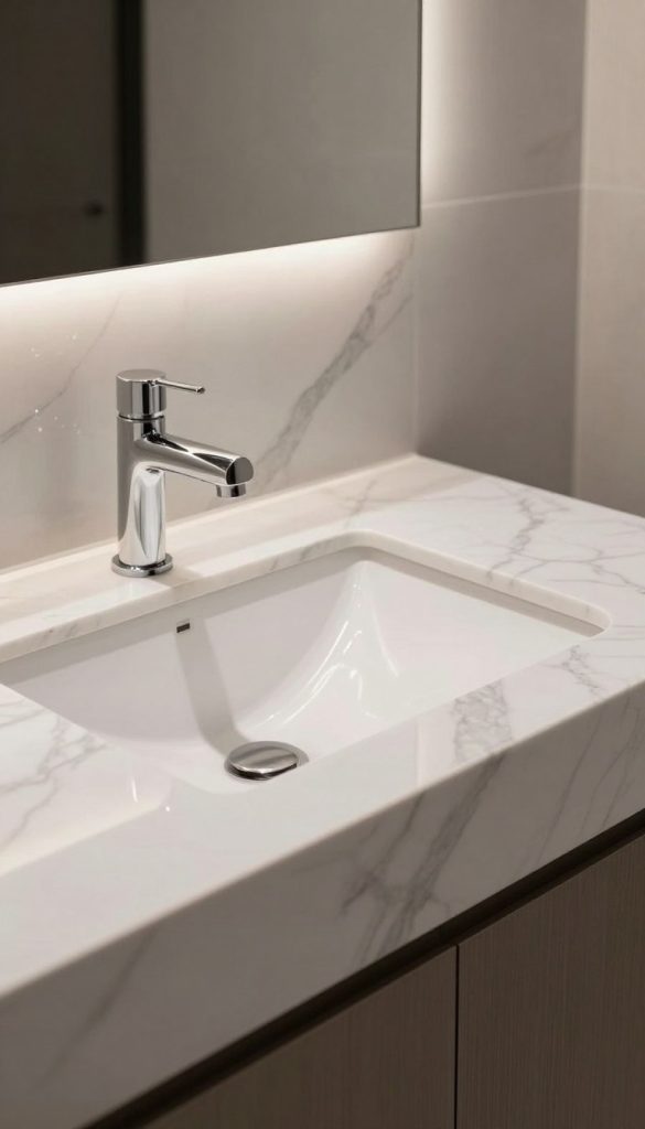 A high-end, professional photograph of a luxury bathroom featuring a white marble integrated sink countertop with elegant grey veining, minimalist chrome fixtures, and soft ambient lighting reflecting off a polished surface.