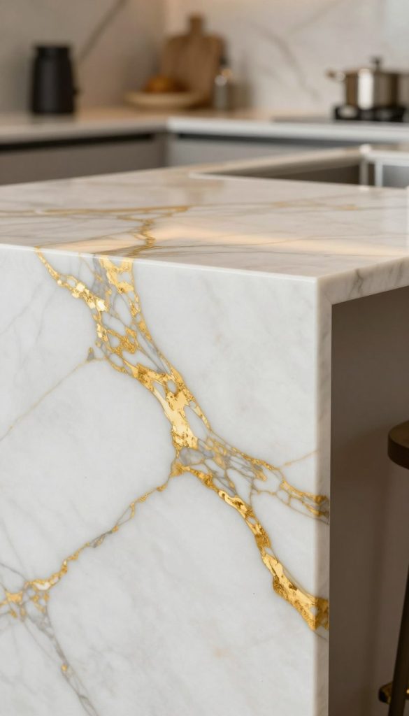 A highly detailed close-up of Calacatta Gold marble showcasing its striking white base with bold, sweeping golden and gray veining. The foreground highlights the intricate patterns and textures of the stone, reflecting a polished finish that radiates elegance. The middle area focuses on the interplay of light on the marble surface, emphasizing the luxurious sheen and depth of color. In the background, softly blurred kitchen elements such as a sleek countertop and modern cabinetry create a warm, inviting atmosphere without drawing attention away from the marble itself. The lighting is soft and diffused, creating a mood of sophistication and timeless luxury, reminiscent of an upscale kitchen design. Capture this from a slight angle to showcase both the edge and surface details of the marble.