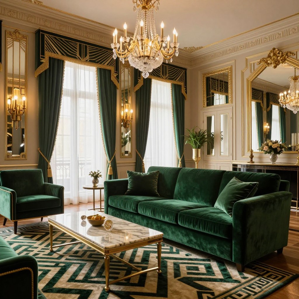 A lavish Classic Hollywood Regency Art Deco living room, showcasing bold geometric patterns and rich materials. In the foreground, an elegant velvet sofa in deep emerald green sits atop a plush, geometric-patterned area rug. A sleek marble coffee table with a polished brass frame complements the sophistication. In the middle ground, showcase floor-to-ceiling windows draped in sheer curtains, allowing soft, natural light to fill the room. The walls are adorned with intricate moldings and opulent mirrors that reflect the luxurious atmosphere. In the background, a stunning chandelier hovers elegantly, casting a warm glow. The overall mood exudes glamour and sophistication, with a tasteful color palette of gold, cream, and deep jewel tones. Aim for a sharp focus, showcasing the refined details, taken from a slight angle to provide depth and perspective.