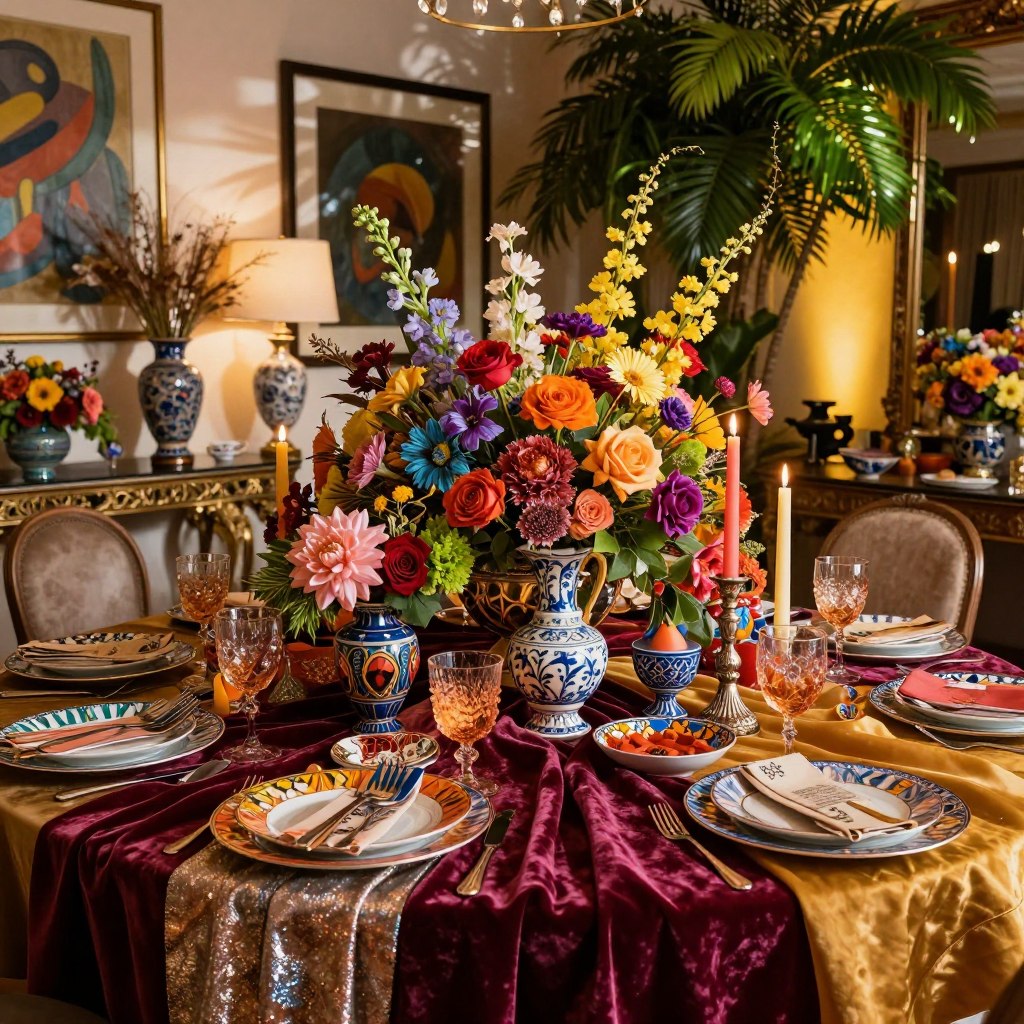 A lavish maximalism centerpiece showcasing an exuberant fusion of vibrant colors and textures. In the foreground, a meticulously arranged table adorned with an eclectic mix of bold-patterned tableware, multi-hued floral arrangements in ornate vases, and intricate candle holders. The middle ground features a spectrum of materials, including rich velvet fabrics and shimmering metallic accents, all expertly layered to create a sense of depth. In the background, a luxurious interior space filled with art pieces, lush greenery, and dramatic lighting that casts dynamic shadows, enhancing the lively atmosphere. The scene is set in warm, inviting light, captured from a slight overhead angle to emphasize the rich details and create a cozy yet grand ambiance.