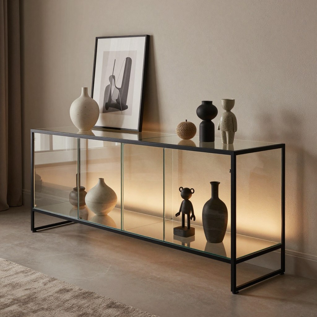 A low-profile modern glass console display cabinet elegantly positioned in a contemporary living room. The cabinet features minimalist design elements with sleek, frameless glass shelves and a matte black metal frame. The foreground showcases the cabinet adorned with an assortment of curated decorative items—ceramic vases, framed artworks, and unique figurines—carefully arranged to highlight each piece. In the middle ground, soft ambient lighting creates a warm and inviting atmosphere, reflecting off the glass surfaces and accentuating the item's transparency. The background features a tastefully decorated wall with neutral tones and subtle textures, enhancing the cabinet's stylish appeal. The perspective is slightly angled, providing depth and inviting the viewer to appreciate the harmonious blend of decor within this contemporary setting. The overall mood is sophisticated and modern, perfect for showcasing contemporary living room aesthetics. A low-profile modern glass console display cabinet elegantly positioned in a contemporary living room. The cabinet features minimalist design elements with sleek, frameless glass shelves and a matte black metal frame. The foreground showcases the cabinet adorned with an assortment of curated decorative items—ceramic vases, framed artworks, and unique figurines—carefully arranged to highlight each piece. In the middle ground, soft ambient lighting creates a warm and inviting atmosphere, reflecting off the glass surfaces and accentuating the item's transparency. The background features a tastefully decorated wall with neutral tones and subtle textures, enhancing the cabinet's stylish appeal. The perspective is slightly angled, providing depth and inviting the viewer to appreciate the harmonious blend of decor within this contemporary setting. The overall mood is sophisticated and modern, perfect for showcasing contemporary living room aesthetics.