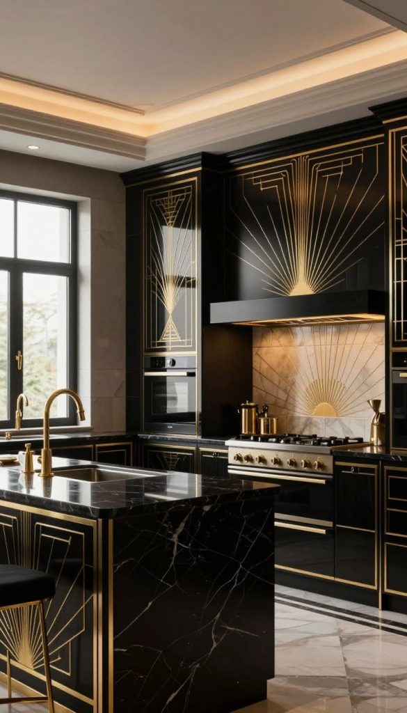 A luxurious Art Deco kitchen inspired by glamor and sophistication, featuring rich black cabinetry with gold accents and intricate geometric patterns. The foreground showcases an elegant kitchen island with a polished black marble top and gold faucet fixtures, adding a touch of opulence. In the middle, sleek appliances blend seamlessly with the stylish cabinetry, while under-cabinet lighting casts a warm glow, enhancing the rich textures and colors. The background reveals an intricately tiled backsplash with a radiating sunburst design typical of Art Deco, and large windows allowing soft, diffused daylight to illuminate the space. The overall atmosphere is one of refined elegance, with a timeless design that inspires a sense of lavish comfort and artistic beauty.