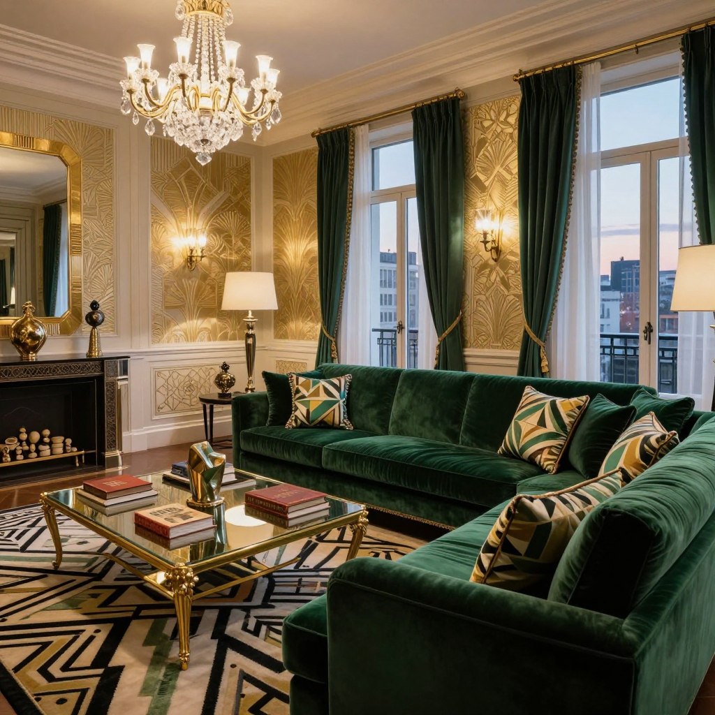 A luxurious Art Deco living room featuring an eclectic blend of vintage flair. In the foreground, a sumptuous velvet sofa in deep emerald green is adorned with geometric patterned throw pillows. To the left, an ornate brass and glass coffee table holds an artful arrangement of vintage books and a sculptural centerpiece. In the middle, a plush area rug with bold, art deco motifs anchors the space. The walls are embellished with stylish wallpaper in soft gold and ivory tones, accented by a stunning chandelier casting warm, inviting light. In the background, tall windows draped with sheer curtains reveal glimpses of an urban skyline at dusk, enhancing the opulent atmosphere. The overall mood is sophisticated, showcasing the charm and elegance of retro interior design, perfect for a luxurious home.
