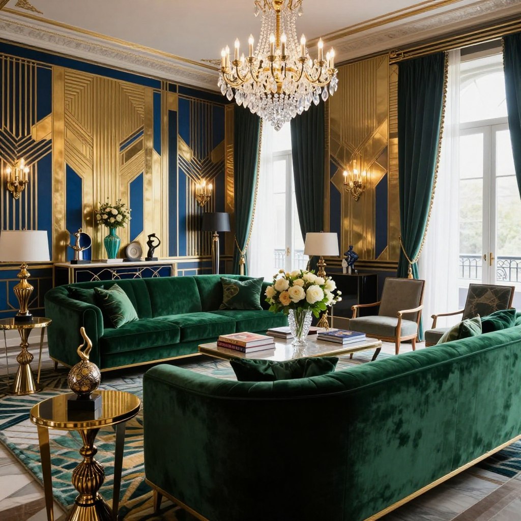 A luxurious Art Deco living room interior, featuring bold geometric patterns and rich textures. In the foreground, a plush velvet sofa in emerald green adorned with gold accents, surrounded by elegant side tables with intricately designed sculptures. The middle ground shows a stylish coffee table topped with art books and a crystal vase filled with fresh flowers, illuminated by a stunning crystal chandelier overhead. The background features geometric wallpaper in gold and deep blue, with elegant drapes framing large windows that let in soft, natural light. The angle captures the room in an inviting, spacious atmosphere, emphasizing both glamour and comfort. The overall mood is sophisticated and opulent, perfect for a high-end home.
