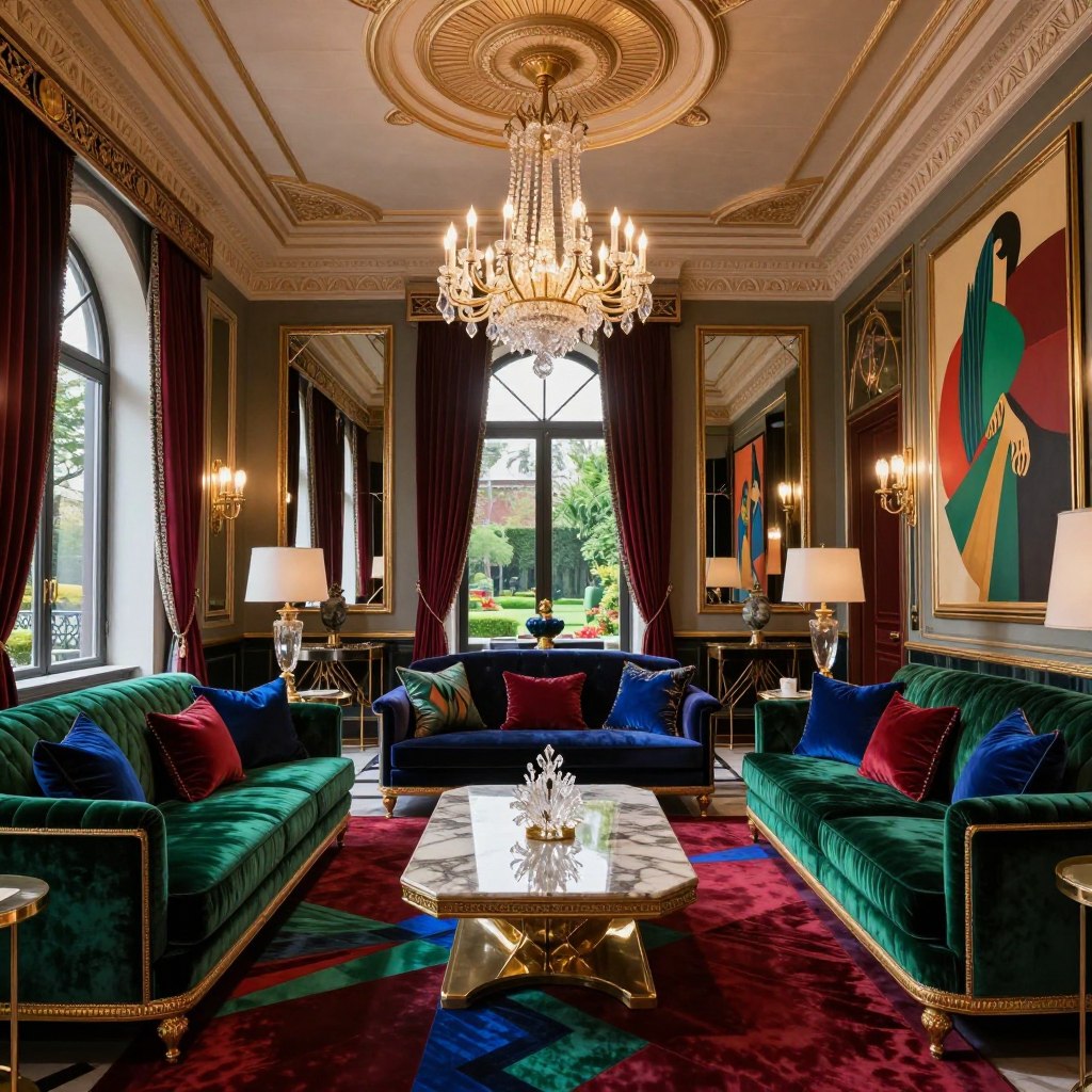A luxurious Art Deco parlor featuring a palette of rich jewel tones such as emerald green, sapphire blue, and deep ruby red. In the foreground, a plush velvet sofa adorned with geometric patterns and elegant gold accents invites relaxation. An opulent coffee table, crafted from polished marble, sits center stage with ornate crystal decor. In the middle ground, a statement chandelier hangs gracefully from an intricately coffered ceiling, casting warm, ambient light that enhances the parlor’s richness. Elegant, framed mirrors and bold, stylized artworks line the walls, reflecting the sophistication of the era. The background showcases tall, arched windows draped with heavy, luxurious curtains, framing a view of a manicured garden. The atmosphere is one of warmth, elegance, and glamour, evoking a sense of refined luxury.