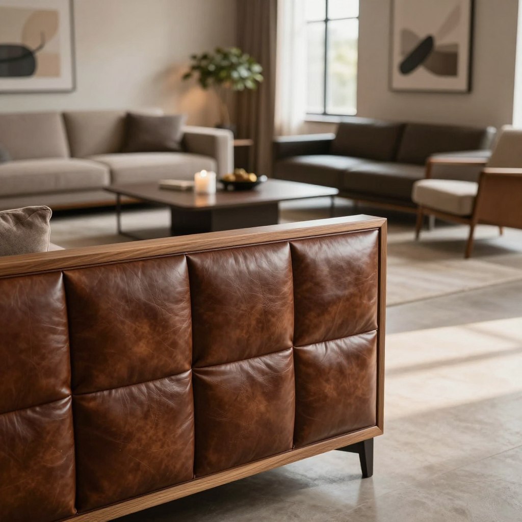 A luxurious DIY leather wall upholstered panel in a modern living room setting, showcasing rich, deep brown leather with elegant tufting and a plush texture. The foreground features a detailed close-up of the leather panel, emphasizing the craftsmanship and the contrasting wooden frame. The middle ground includes sleek contemporary furniture, such as a minimalist coffee table and stylish accent chairs, softly illuminated by warm, ambient lighting. In the background, large windows allow natural light to filter in, casting gentle shadows and creating a cozy atmosphere. The room is decorated with tasteful artwork and indoor plants, promoting a serene and sophisticated mood. The image is captured from a slightly elevated angle, enhancing the depth and inviting feel of the space.