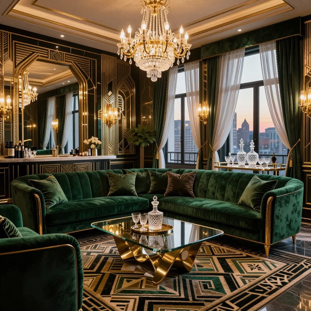 A luxurious Gatsby-inspired living space, featuring elegant Art Deco design elements. In the foreground, a sumptuous velvet sofa in deep emerald green with gold accents sits on a plush geometric patterned rug. A sleek glass coffee table with a sculptural metallic base complements the bold decor. In the middle, opulent wall sconces and a grand chandelier cast warm ambient light, enhancing the richness of the room. A stylish bar cart with crystal decanters and fine glassware adds a touch of glamour. In the background, tall windows draped with flowing sheer curtains reveal a glimpse of a city skyline at dusk. The overall mood is sophisticated and inviting, exuding 1920s charm with a modern twist, captured from a wide-angle perspective to showcase the lavishness of the space.