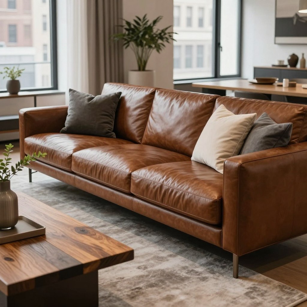 A luxurious Manhattan Loft premium leather sofa, showcasing rich, deep brown leather with a soft, supple texture. The sofa features sleek, modern lines and accentuated cushions, evoking urban sophistication. In the foreground, plush decorative pillows in various shades of gray and cream enhance its elegance. The middle ground contains a stylish coffee table made of reclaimed wood, adorned with a sleek vase holding fresh greenery. The background showcases a chic modern living room with large windows allowing soft, natural light to flood the space, creating a warm and inviting atmosphere. The scene is shot from a low angle, emphasizing the sofa's grandeur and the essence of upscale city living.