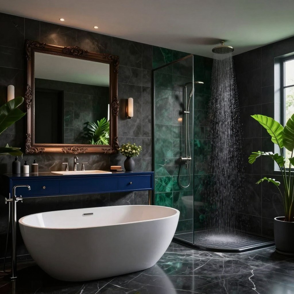 A luxurious bathroom featuring a dramatic dark color scheme, emphasizing shades of charcoal, navy, and emerald. In the foreground, a sleek, modern freestanding bathtub sits atop polished dark marble flooring, reflecting soft, ambient lighting. A large, ornate mirror with a dark wood frame hangs above an elegant vanity with a deep navy finish, adorned with stylish, minimalistic fixtures. The middle of the scene showcases a rainfall shower with dark tile walls, exuding a spa-like feel, while lush greenery peeks in from the corners, adding a touch of life. The background is softly lit, highlighting the rich tones and textures, creating a moody, inviting atmosphere that's both sophisticated and serene. The overall composition conveys a sense of luxury and tranquility, perfect for contemporary design enthusiasts.
