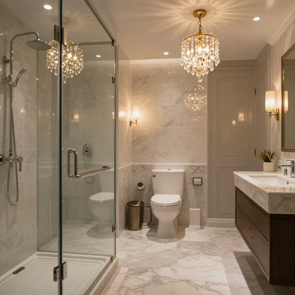 A luxurious bathroom featuring elegant mini chandeliers suspended above a walk-in shower and a spacious water closet. In the foreground, a glistening glass shower enclosure showcases stunning tile work and soft, ambient lighting. Glimmering accents adorn the chandeliers, casting a warm, inviting glow across the sleek marble surfaces. The middle ground focuses on a beautifully designed water closet with plush decor and stylish sconces that enhance the serene atmosphere. The background reveals soft textures and muted colors, creating a spa-like ambiance. Use a wide-angle lens to capture the inviting elegance, with soft focus highlighting lighting reflections. The overall mood is sophisticated and tranquil, perfect for a high-end bathroom design.