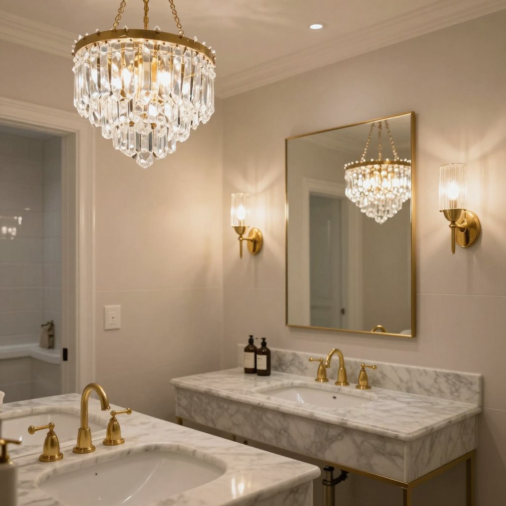 A luxurious bathroom featuring exquisite lighting design. In the foreground, a stunning crystal chandelier with glimmering prisms illuminates the space, reflecting light from polished brass fixtures. On the walls, elegant sconces with gold accents complement the chandelier, creating a cohesive look. The middle ground showcases an opulent marble countertop with stylish plumbing hardware in brushed gold, harmonizing with the metal finishes. The background features a tastefully tiled wall in soft neutral tones, enhancing the serene atmosphere. Soft, warm lighting creates a welcoming glow, while high-quality materials and textures emphasize luxury. The image is captured with a wide-angle lens at a slightly elevated angle to showcase all lighting layers effectively. The overall mood is tranquil and upscale, perfect for a refined home decor setting.