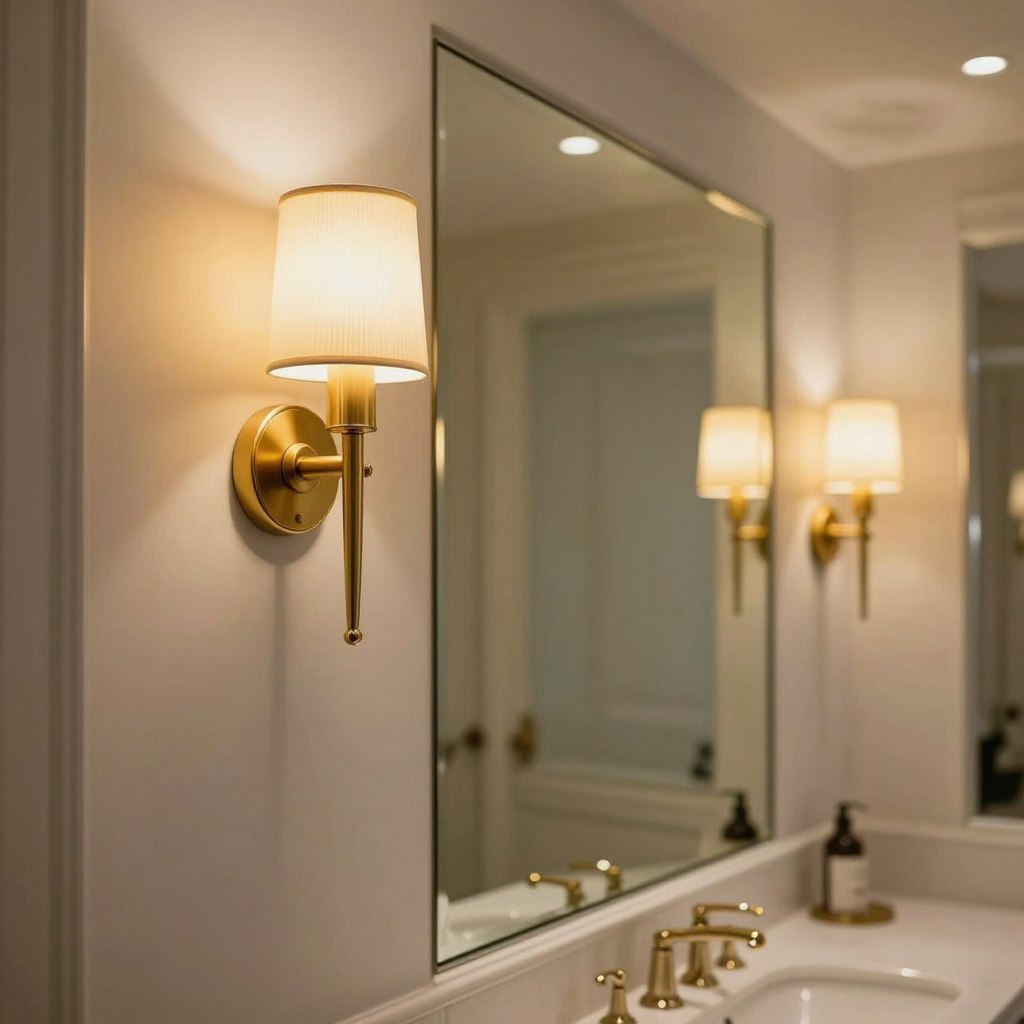 A luxurious bathroom interior featuring stylish lighting fixtures with gold and brass accents. In the foreground, a pair of elegant wall sconces with intricate designs, showcasing warm golden tones and soft, ambient light. The middle scene includes a sleek countertop with a polished mirror reflecting the fixtures, creating a sense of depth. The background showcases a tastefully designed bathroom space, emphasizing clean lines and sophisticated decor. The lighting is warm and inviting, casting a gentle glow, enhancing the opulence of the gold and brass accents. The overall mood is elegant and serene, with a focus on the beauty of the metallic details harmonizing with modern aesthetics. No people are visible in the image.