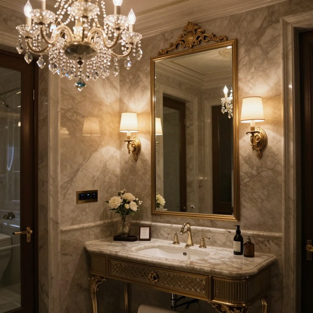 A luxurious bathroom interior showcasing intricate layers of lighting design. In the foreground, an elegant chandelier with crystal accents casts soft, sparkling light. In the middle, beautifully crafted sconces flanking a large mirror add warmth and sophistication to the atmosphere, illuminating the vanity area. The background features rich marble textures and tasteful decorations that enhance the opulence of the space. Dimmer controls are subtly integrated into the design, allowing for customizable brightness levels. The overall mood is serene and inviting, with a focus on the interplay of light and shadow. The composition is shot from a slightly angled view, emphasizing depth and elegance while maintaining a warm, inviting ambiance.