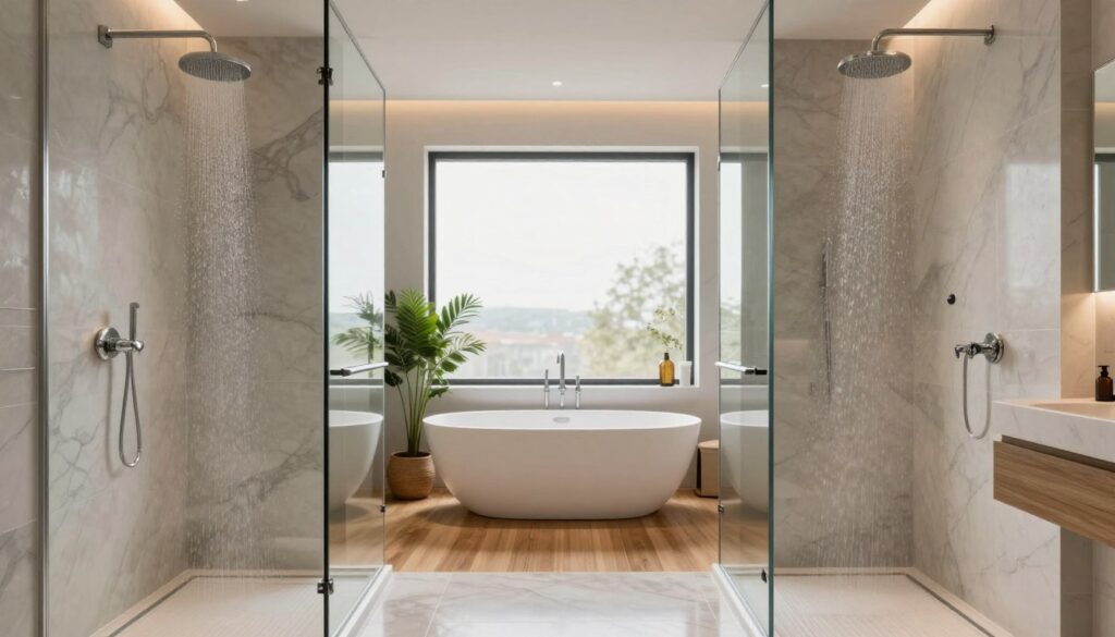 A luxurious bathroom renovation featuring a modern wet room design. The foreground showcases a spacious, glass-enclosed walk-in shower with a rain showerhead, accented with marble tiles in soft, neutral tones. In the middle, a sleek freestanding bathtub sits elegantly on polished wooden flooring, surrounded by small indoor plants for a spa-like feel. The background displays a large window allowing natural light to flood the space, enhancing the calm atmosphere. Soft, ambient lighting complements the overall design, highlighting the textures and materials. The mood is serene and inviting, ideal for relaxation. The image captures a professional and tidy aesthetic, reflecting a curated, upscale approach to bathroom renovation. A luxurious bathroom renovation featuring a modern wet room design. The foreground showcases a spacious, glass-enclosed walk-in shower with a rain showerhead, accented with marble tiles in soft, neutral tones. In the middle, a sleek freestanding bathtub sits elegantly on polished wooden flooring, surrounded by small indoor plants for a spa-like feel. The background displays a large window allowing natural light to flood the space, enhancing the calm atmosphere. Soft, ambient lighting complements the overall design, highlighting the textures and materials. The mood is serene and inviting, ideal for relaxation. The image captures a professional and tidy aesthetic, reflecting a curated, upscale approach to bathroom renovation.