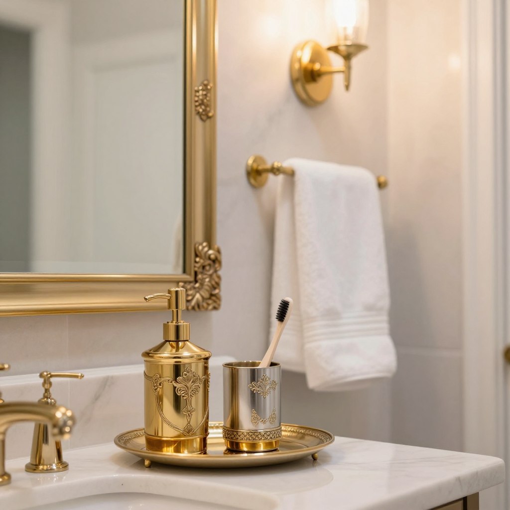 A luxurious bathroom scene featuring elegant home accessories with metallic finishes that exude glamour. In the foreground, showcase an ornate gold and brass soap dispenser, a matching toothbrush holder, and a decorative tray, all reflecting soft light. The middle section captures a stylish mirror with a delicate gold frame, and a plush white towel draped over a sleek brass rack. In the background, include tasteful wall sconces casting warm, inviting light, complemented by subtle marble textures and muted pastel hues to create an airy atmosphere. The image should evoke sophistication and warmth, with a soft-focus lens effect enhancing the overall elegance, inviting viewers to imagine a royal touch in their own space.