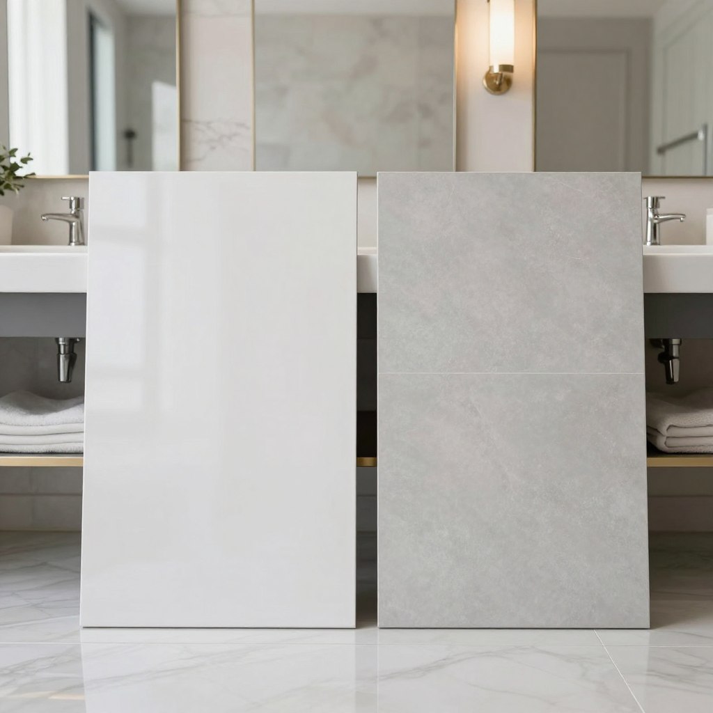 A luxurious bathroom setting featuring a side-by-side comparison of high-gloss and matte tile finishes. In the foreground, a polished high-gloss tile reflecting soft light, showcasing its sleek surface, contrasted with a matte tile that exhibits a subtle texture and depth. The middle ground includes a stylish vanity with elegant fixtures, harmonizing with the diverse tile finishes. The background reveals soft ambient lighting filtering through frosted glass, creating a serene atmosphere. The overall color palette consists of cool whites, soft greys, and elegant neutrals, enhancing the sophistication of the space. The composition invites the viewer to appreciate the durability and maintenance aspects of each finish, illustrating a practical yet luxurious bathroom design.