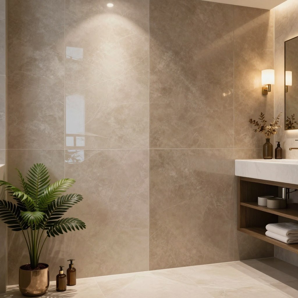 A luxurious bathroom setting showcasing two sections of tiles: on the left, a high-gloss reflective finish that gleams under warm, soft lighting, accentuating its smooth, polished surface. On the right, a matte finish with a textured appearance, featuring subtle earth tones that absorb light, creating a calming atmosphere. The foreground includes small decorative elements like a lush green plant and elegant fixtures, enhancing the aesthetic appeal. The middle section vividly contrasts the two finishes, with a clear division line for visual comparison. In the background, a stylish vanity with tasteful decor complements the overall design theme. The mood is sophisticated and inviting, ideal for a luxury bathroom experience, captured at a slight angle to emphasize the texture and shine of both tile finishes.