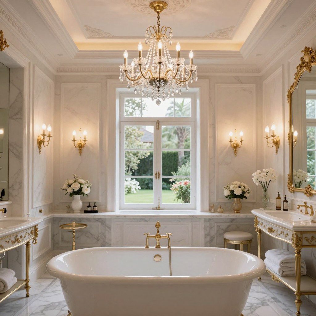 A luxurious bathroom setup featuring elegant high-end lighting fixtures. In the foreground, a stunning crystal chandelier gracefully hangs from a coffered ceiling, reflecting warm light over a freestanding soaking tub. Beside it, ornate wall sconces emit a soft, inviting glow, enhancing the opulence of the space. The middle layer reveals a marble vanity adorned with stylish accessories, while in the background, large windows offer a glimpse of a serene garden, allowing natural light to filter in. The atmosphere is tranquil and upscale, characterized by rich textures and a soft color palette of whites, golds, and muted pastels. The image is captured with a wide-angle lens, highlighting the luxurious interplay of artificial and natural light without any people present.