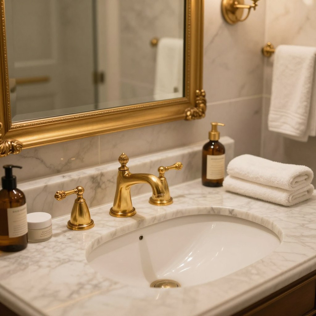 A luxurious bathroom vanity featuring elegant gold and brass fixtures, showcasing a chic sink with a gleaming brass faucet and ornate handles. The scene captures a close-up view of the vanity's polished marble countertop, adorned with delicate toiletries and a stylish mirror framed in gold. Warm, soft lighting enhances the opulence of the brass accents, creating a cozy atmosphere. The background presents a tastefully decorated bathroom with subtle marble tiles and elegant decor, including a plush towel neatly arranged. The overall composition emphasizes sophistication and luxury, evoking a regal ambiance. The angle is slightly elevated and focuses on illustrating the rich textures and interplay of light on the metal surfaces, ensuring a clear view of the exquisite design details.
