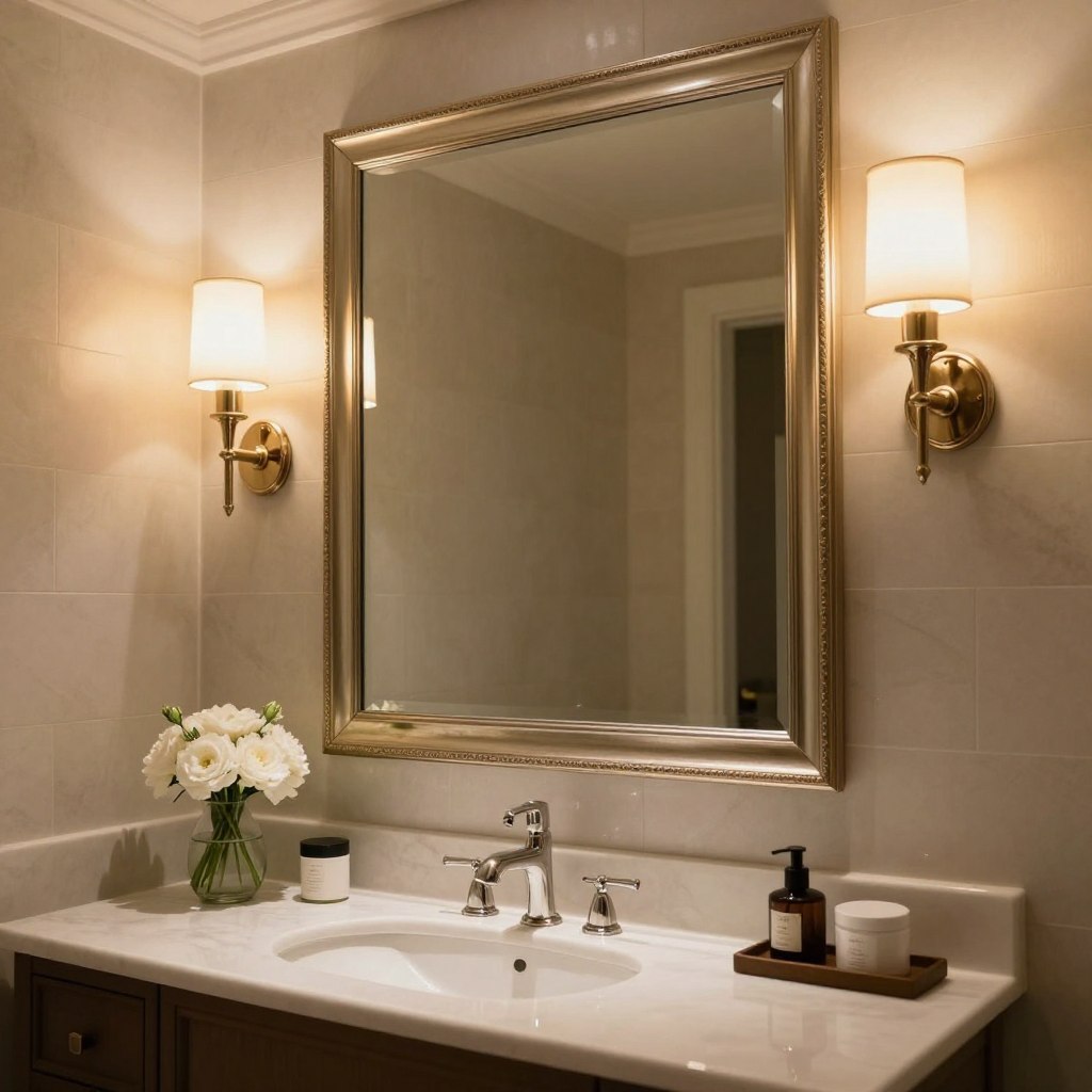 A luxurious bathroom vanity scene showcasing upscale lighting options, featuring a beautifully framed vanity mirror illuminated by elegant wall sconces. In the foreground, the polished vanity countertop displays tasteful decor, including a small vase of white flowers and chic storage containers. The middle layer focuses on the vanity mirror, which reflects soft, ambient light, perfectly complemented by the warm glow of the sconces placed strategically on either side. The background features a stylish tiled wall with subtle textures, adding depth and sophistication. The overall lighting is soft and inviting, creating a serene atmosphere, ideal for a high-end bathroom setting. The composition is shot from a slight angle, emphasizing the interplay of light and reflections.