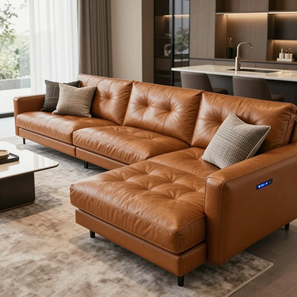 A luxurious bespoke leather seating arrangement featuring the Barcelona Smart Sectional designed by Roche Bobois. The sectional is crafted from rich, supple caramel-colored leather, showcasing impeccable craftsmanship with detailed stitching and elegant curves. It seamlessly integrates modern technology with smart features subtly incorporated into the design. In the foreground, the sectional is complemented by a plush, minimalist rug and decorative pillows in contemporary patterns. The middle ground features a sleek, high-tech coffee table with ambient lighting. The background reveals a stylish modern living room with large windows allowing soft, natural light to flood the space, creating a warm and inviting atmosphere. The image captures a sophisticated yet comfortable mood, emphasizing luxury and innovation in furniture design, shot with a wide-angle lens to enhance depth.