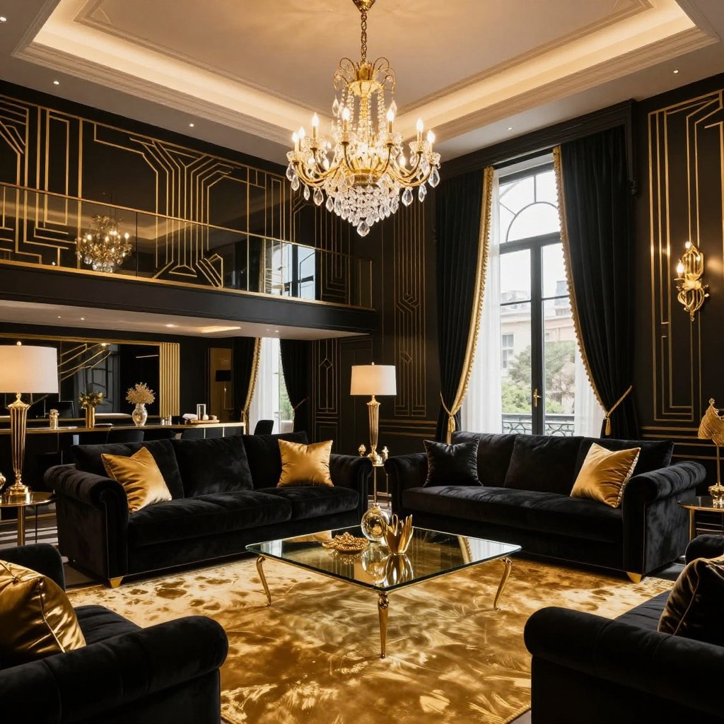 A luxurious black and gold living room showcasing an elegant Art Deco style. In the foreground, a plush black velvet sofa with gold accents sits atop a richly textured golden-hued rug. A sleek, glass coffee table reflects ambient light, adorned with decorative items in gold. The middle layer features striking walls painted in deep black with intricate geometric gold patterns. A dramatic chandelier hangs from the ceiling, casting a warm glow throughout the space. In the background, tall windows framed with black and gold drapes allow natural light to filter in, enhancing the opulent atmosphere. The overall mood is sophisticated and lavish, with a harmonious balance between bold contrasts and refined details. Use soft, diffused lighting to create an inviting warmth. Capture the image from a slightly elevated angle to showcase the room's depth.