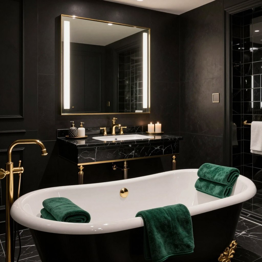 A luxurious black bathroom interior featuring deep charcoal walls, elegant navy accents, and rich emerald decor. The foreground showcases an ornate freestanding black bathtub with gold fixtures and plush dark green towels neatly arranged nearby. In the middle ground, a large backlit mirror hangs above an intricate black marble vanity with sophisticated accessories, including a stylish soap dispenser and candles. The background reveals a wall of dark glass tiles, creating a dramatic contrast and depth. Soft, warm lighting illuminates the space, enhancing the textures and colors, while the overall atmosphere exudes sophistication and tranquility. The composition is captured from a slightly elevated angle, emphasizing the luxurious elements and inviting ambiance of the bathroom.