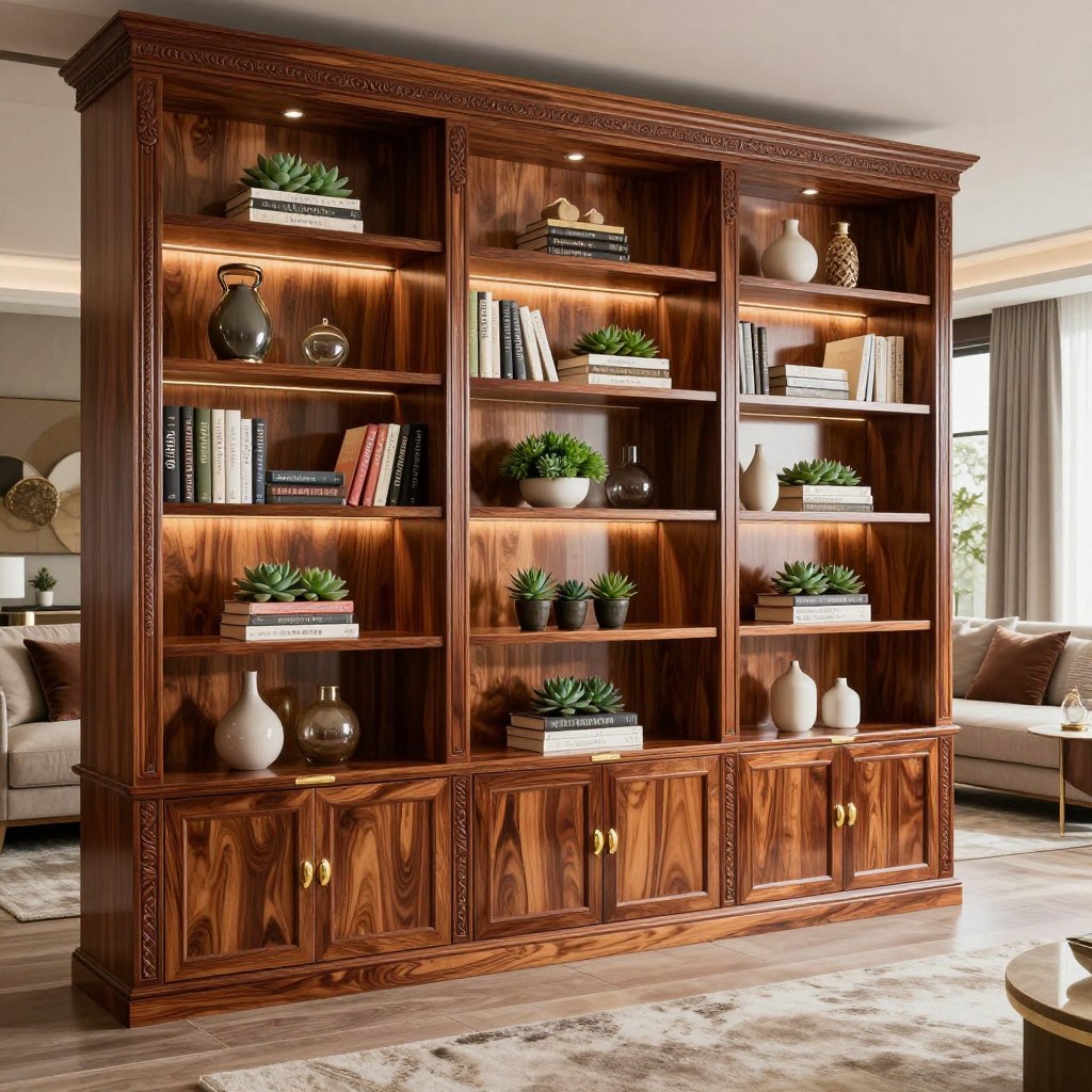 A luxurious built-in bookshelf design showcases an elegant living room wall. The foreground features a stunning, floor-to-ceiling bookshelf made of rich mahogany wood with intricate carvings and gold accents. Light softly reflects off the polished surface, creating a warm glow. The middle layer reveals curated shelves filled with an array of books, decorative items, and carefully arranged succulents, adding a touch of greenery. Ambient lighting highlights the natural wood grain and enhances the refined atmosphere. In the background, a stylish, modern sofa complements the bookshelf with plush cushions, while a cozy area rug in neutral tones anchors the space. The overall mood is sophisticated and inviting, perfect for a luxury living environment. A luxurious built-in bookshelf design showcases an elegant living room wall. The foreground features a stunning, floor-to-ceiling bookshelf made of rich mahogany wood with intricate carvings and gold accents. Light softly reflects off the polished surface, creating a warm glow. The middle layer reveals curated shelves filled with an array of books, decorative items, and carefully arranged succulents, adding a touch of greenery. Ambient lighting highlights the natural wood grain and enhances the refined atmosphere. In the background, a stylish, modern sofa complements the bookshelf with plush cushions, while a cozy area rug in neutral tones anchors the space. The overall mood is sophisticated and inviting, perfect for a luxury living environment.