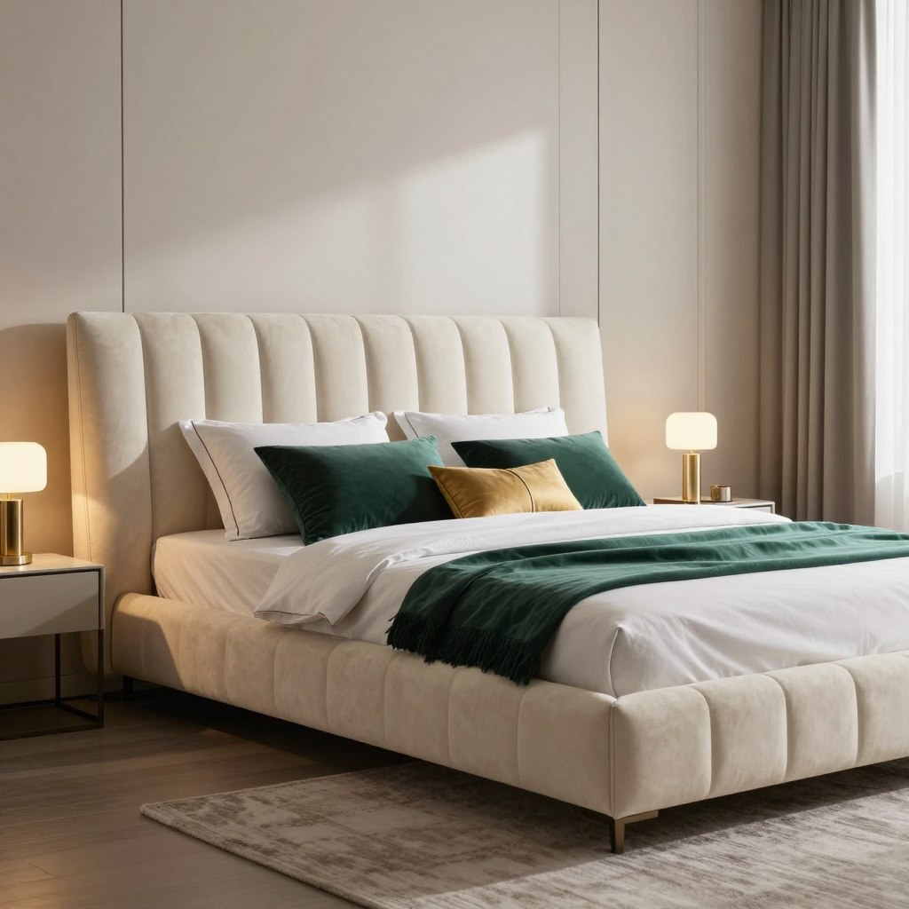 A luxurious channel-tufted contemporary platform bed designed for a master bedroom, featuring a plush upholstered headboard with vertical channeling in a soft cream fabric. The bed is adorned with elegantly designed accent pillows in shades of deep emerald and gold. In the foreground, a sleek, minimalistic nightstand showcases a modern lamp radiating warm, ambient light. The middle ground reveals the bed positioned against a stylish feature wall, with soft, diffused natural light streaming through large windows, casting gentle shadows. The background includes a softly textured area rug in muted tones, harmonizing with the overall sophisticated aesthetic. The mood is serene and inviting, evoking a sense of modern luxury and comfort, perfect for a lavish sleep experience.