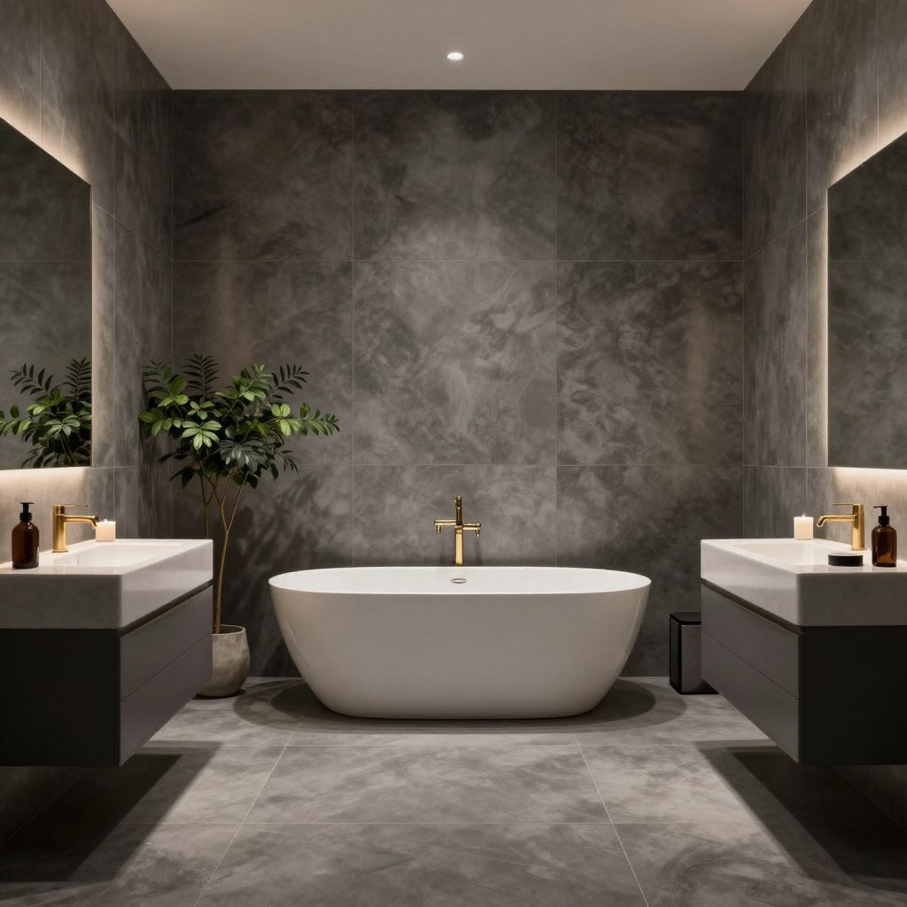 A luxurious charcoal powder room featuring elegant grey tones on the walls and floor, showcasing a sophisticated freestanding bathtub in the center, accented by sleek brushed gold fixtures. The scene is illuminated by soft, warm lighting, enhancing the calm and soothing atmosphere. In the foreground, a minimalist vanity with a large mirror reflects the room's refined aesthetic, surrounded by tasteful decor elements such as potted greenery and scented candles. The middle ground showcases large format tiles with a textured finish, while the background features subtle, artistic shadows that create depth. The overall mood is tranquil and inviting, perfect for a chic escape. The composition captures a wide-angle view, emphasizing the space’s elegance and sophistication.