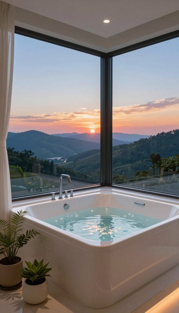 A luxurious corner window-side bathtub with sleek modern design, elegantly placed in a bright, airy bathroom. The bathtub is filled with shimmering water reflecting the natural light pouring in from expansive glass windows. In the foreground, delicate plants in stylish pots bring a touch of nature, enhancing the serene atmosphere. The middle ground features a view of breathtaking panoramic landscapes, showcasing rolling hills and a vibrant sunset sky, blending warm oranges and pinks. The background reveals distant mountain silhouettes under a clear blue sky. Soft, diffused lighting bathes the scene, creating a tranquil and inviting mood. This composition captures the essence of relaxing with nature while enjoying a bath, emphasizing the beauty of the corner window installation.