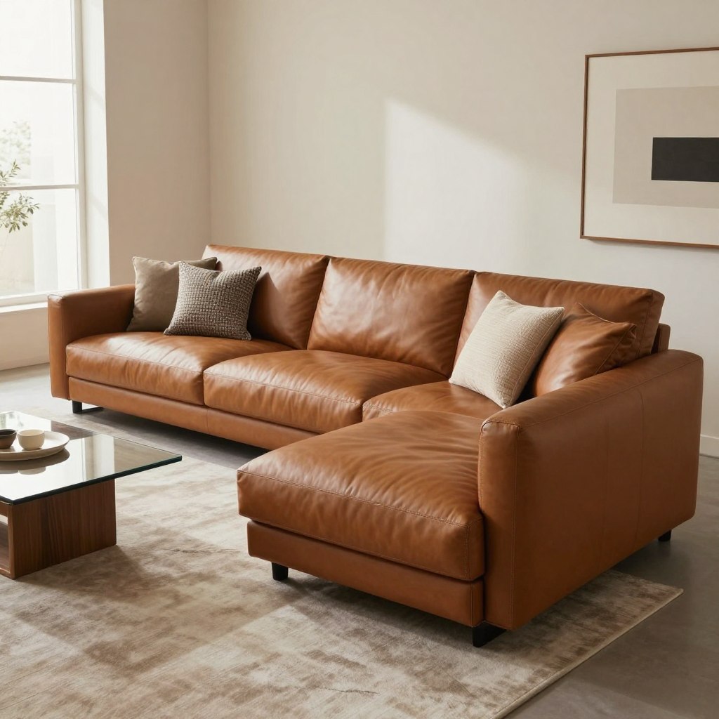 A luxurious designer leather sectional sofa styled in a modern living room. The sofa features a sleek, modular design with supple, high-quality leather in a warm cognac hue. In the foreground, the sectional is adorned with chic accent pillows in varying textures. The middle ground showcases a minimalist coffee table made from polished wood and glass, enhancing the elegance of the space. In the background, soft natural light enters through large windows, casting gentle shadows and illuminating the room with a serene ambience. The walls are painted in a soft neutral tone, complementing the sofa, while minimalistic artwork adorns them, contributing to a sophisticated, inviting atmosphere. The angle captures the sectional head-on, emphasizing its versatility and luxury.
