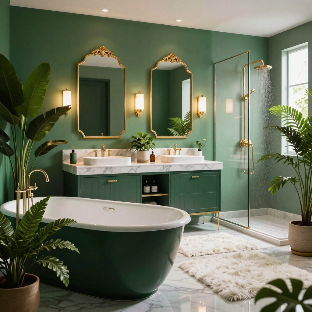 A luxurious emerald green bathroom showcasing opulence and tranquility. In the foreground, a deep soaking tub with sleek, modern lines sits on a polished marble floor, surrounded by lush potted plants. The middle ground features a double vanity with elegant, gold-accented mirrors, under soft ambient lighting that creates a warm glow. Rich emerald green walls are complemented by delicate gold fixtures and a textured, white plush rug. In the background, a frosted glass shower with a rain showerhead allows natural light to filter through, enhancing the serene atmosphere. Captured from a slightly elevated angle, the scene radiates elegance and sophistication, inviting one to relax and enjoy the luxurious surroundings.