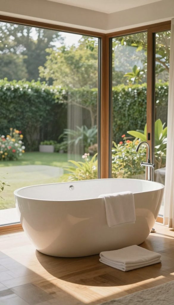 A luxurious freestanding soaking tub positioned elegantly near floor-to-ceiling windows, showcasing a serene view of a tranquil garden. The tub, made of smooth white acrylic, features sleek, modern lines and is surrounded by soft, plush towels. Natural light floods the scene, creating a warm and inviting atmosphere, with soft shadows dancing across the smooth wooden floor. The background reveals lush greenery, with hints of colorful flowers outside the wide window, enhancing the feeling of an indoor-outdoor living space. The overall mood is peaceful and relaxing, capturing the essence of a spa-like retreat, with a focus on tranquility and comfort. The image is framed at a slight angle to emphasize the expansive windows and the elegance of the soaking tub.