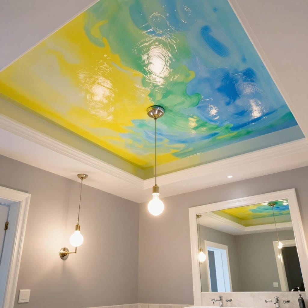 A luxurious high-gloss white ceiling reflecting vibrant light in a stylish bathroom. The foreground features soft, diffused light cascading down from an elegant pendant light fixture, enhancing the paint's sheen. In the middle ground, the glossy ceiling showcases a spectrum of bright, reflective paint colors—sunny yellows, ocean blues, and radiant greens—creating a dazzling, uplifting ambience. The walls are painted in a muted gray to accentuate the ceiling's brilliance. In the background, a modern vanity with chrome fixtures and a large mirror reflects the colors, further amplifying the luminance. The scene is illuminated with warm, inviting lighting, creating a cheerful, spacious atmosphere perfect for a no-window bathroom. Focused angle captures the ceiling overhead, emphasizing the interplay of light and color without distractions.