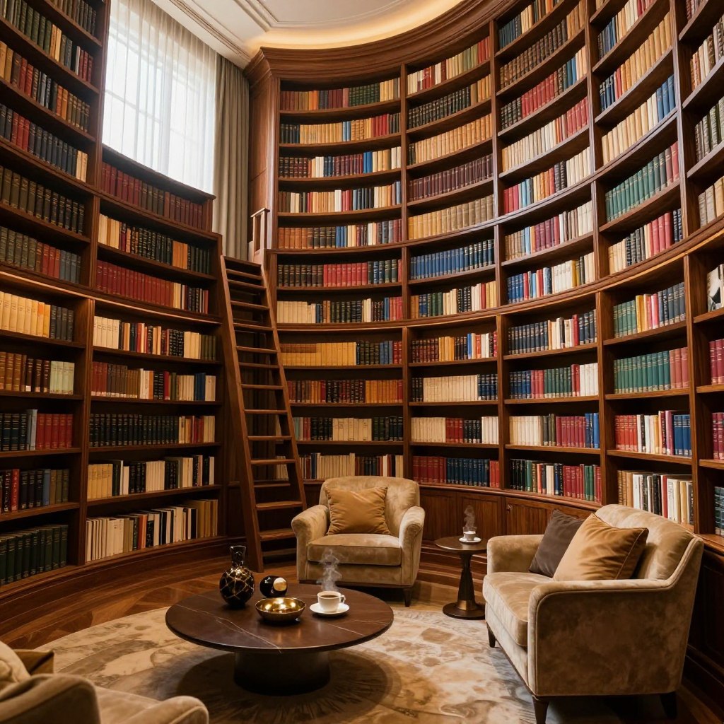 A luxurious home library featuring stunning floor-to-ceiling library walls filled with books organized by color and genre. The room has rich wooden tones, with shelves that elegantly curve around a cozy reading nook complete with a plush armchair and soft cushions. Warm ambient lighting casts a golden glow, creating an inviting atmosphere. In the foreground, a stylish coffee table displays decorative objects and a steaming cup of coffee. The middle ground includes the magnificent bookshelves, meticulously designed with intricate woodwork and ladder access. The background reveals tall windows draped in sheer curtains, allowing natural light to filter in, enhancing the serene ambiance. Capture this scene from a slightly elevated angle to emphasize the height of the bookshelves, evoking a sense of luxury and comfort. A luxurious home library featuring stunning floor-to-ceiling library walls filled with books organized by color and genre. The room has rich wooden tones, with shelves that elegantly curve around a cozy reading nook complete with a plush armchair and soft cushions. Warm ambient lighting casts a golden glow, creating an inviting atmosphere. In the foreground, a stylish coffee table displays decorative objects and a steaming cup of coffee. The middle ground includes the magnificent bookshelves, meticulously designed with intricate woodwork and ladder access. The background reveals tall windows draped in sheer curtains, allowing natural light to filter in, enhancing the serene ambiance. Capture this scene from a slightly elevated angle to emphasize the height of the bookshelves, evoking a sense of luxury and comfort.