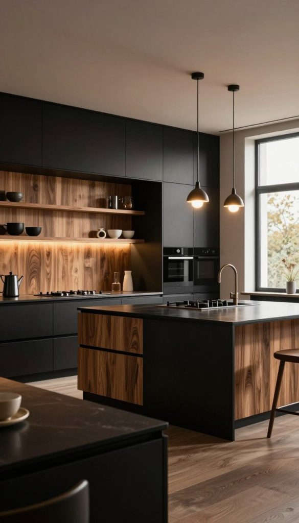 A luxurious kitchen design featuring a harmonious fusion of black cabinetry and warm wooden accents. In the foreground, sleek black countertops reflect soft ambient lighting, while textured wooden shelves showcase elegant kitchenware. The middle ground captures a spacious island with a dramatic black finish, complemented by natural wood grain details, illuminated by modern pendant lights that create an inviting glow. The background reveals minimalist black appliances and open kitchen storage bathed in warm, natural light streaming through large windows, enhancing the organic atmosphere. The overall mood is one of sophisticated warmth, blending modern luxury with a cozy, inviting feel, highlighting a perfect balance between dark elegance and organic tones.